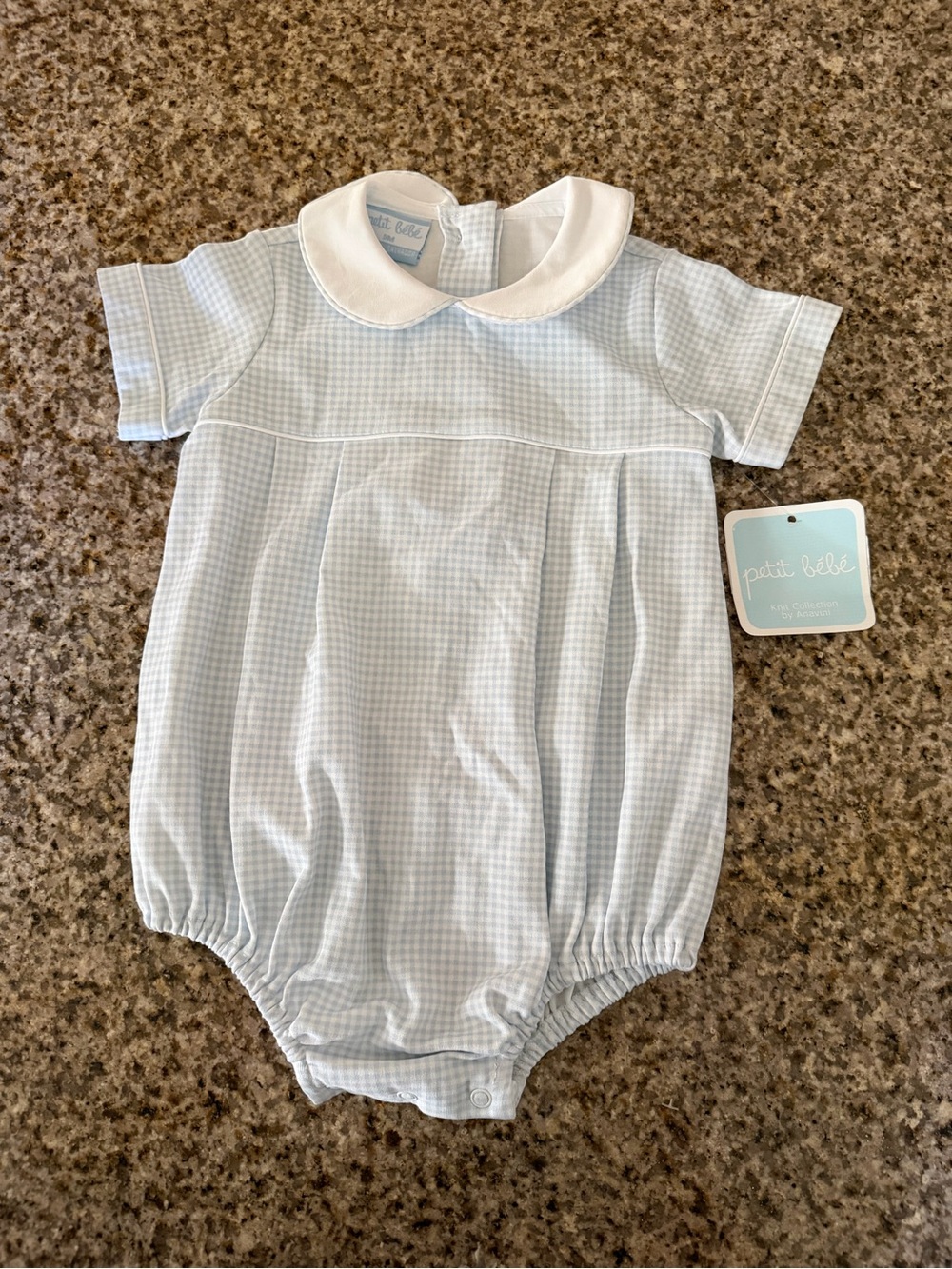 NWT Petit Bébé Blue Gingham Bubble Romper with White Collar